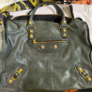 Balenciaga City Bag Olive Lambskin, signature metal buckles and studs. 18” W, 15
